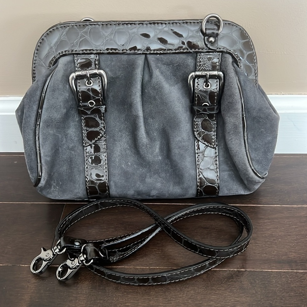 Donald J. Pliner Italian suede/leather gray/black handbag w/removable strap